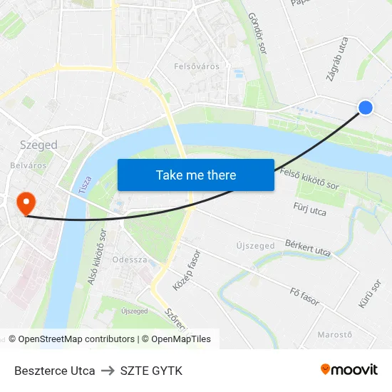 Beszterce Utca to SZTE GYTK map