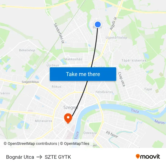 Bognár Utca to SZTE GYTK map