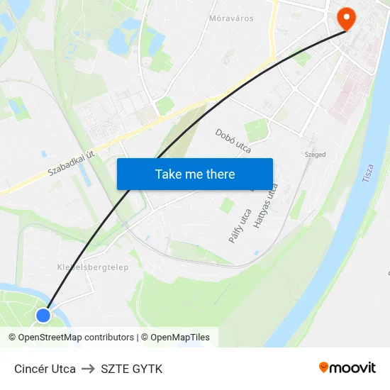 Cincér Utca to SZTE GYTK map
