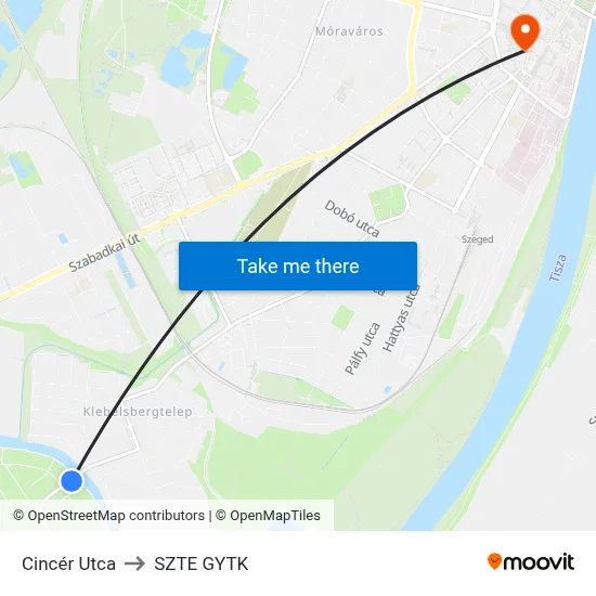 Cincér Utca to SZTE GYTK map