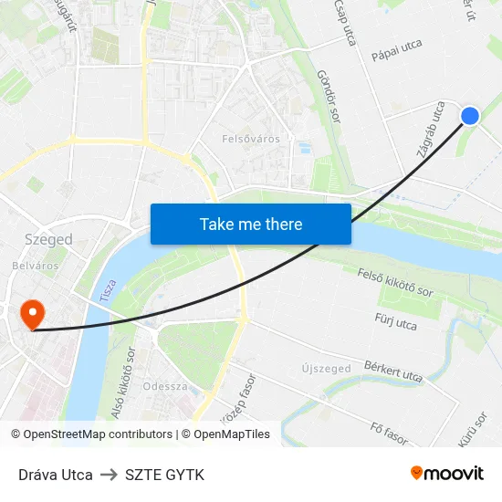 Dráva Utca to SZTE GYTK map