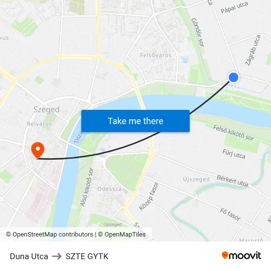 Duna Utca to SZTE GYTK map