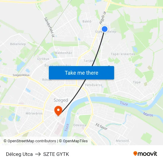 Délceg Utca to SZTE GYTK map