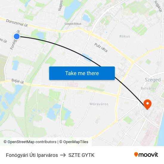 Fonógyári Úti Iparváros to SZTE GYTK map