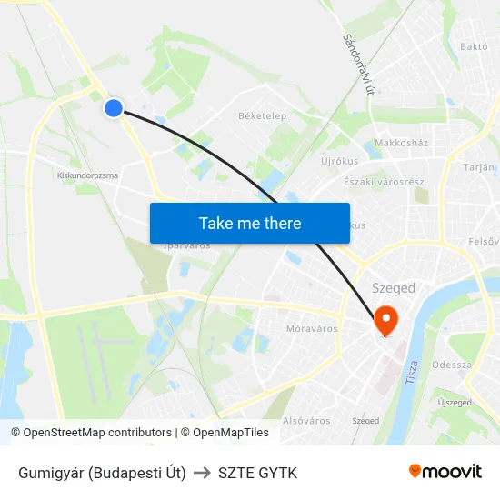 Gumigyár (Budapesti Út) to SZTE GYTK map