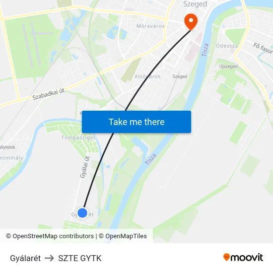 Gyálarét to SZTE GYTK map