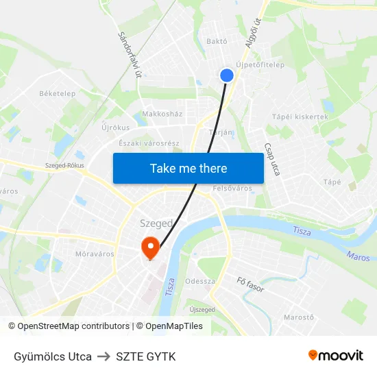 Gyümölcs Utca to SZTE GYTK map