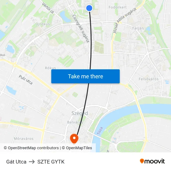 Gát Utca to SZTE GYTK map