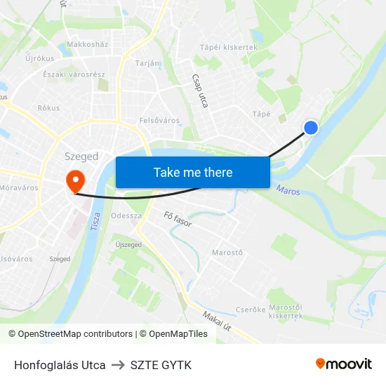 Honfoglalás Utca to SZTE GYTK map