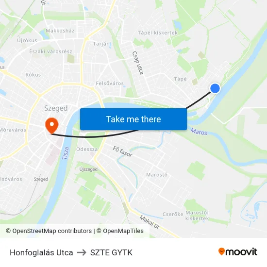 Honfoglalás Utca to SZTE GYTK map