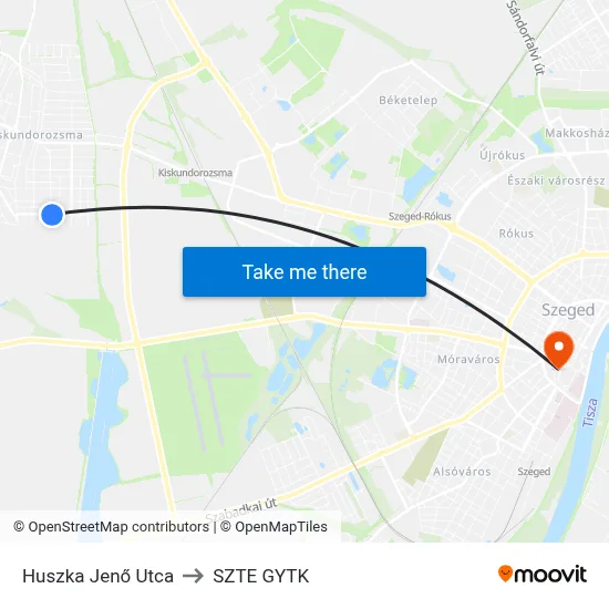 Huszka Jenő Utca to SZTE GYTK map