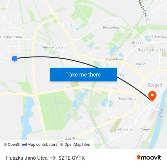 Huszka Jenő Utca to SZTE GYTK map