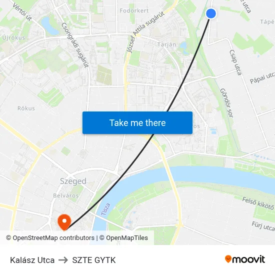 Kalász Utca to SZTE GYTK map