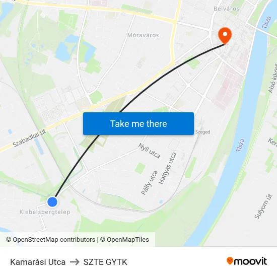 Kamarási Utca to SZTE GYTK map