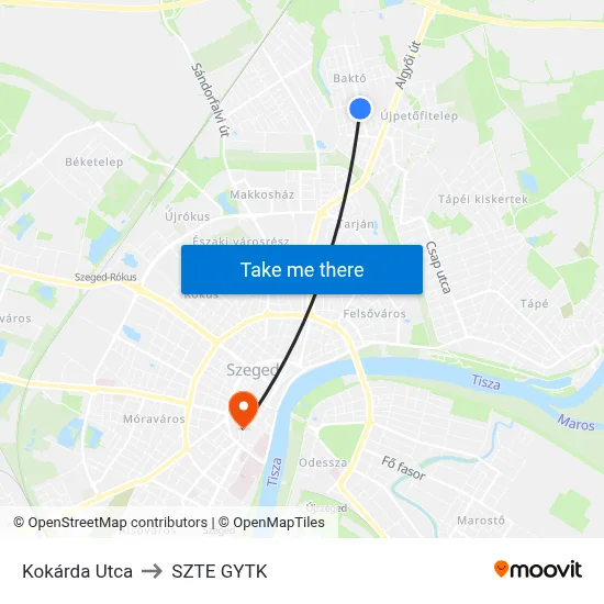 Kokárda Utca to SZTE GYTK map