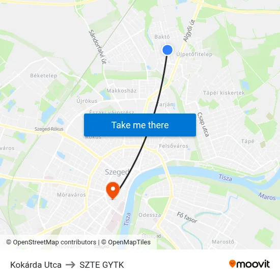 Kokárda Utca to SZTE GYTK map