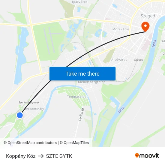 Koppány Köz to SZTE GYTK map