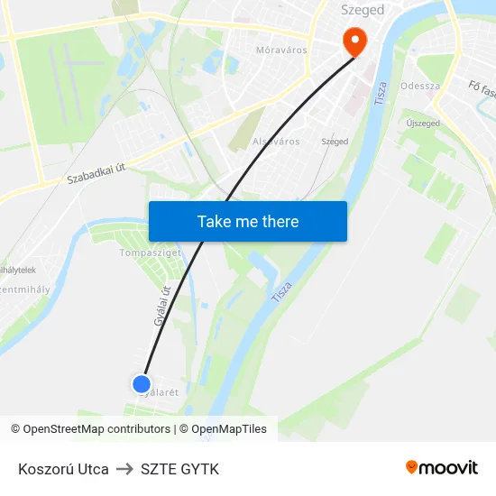 Koszorú Utca to SZTE GYTK map