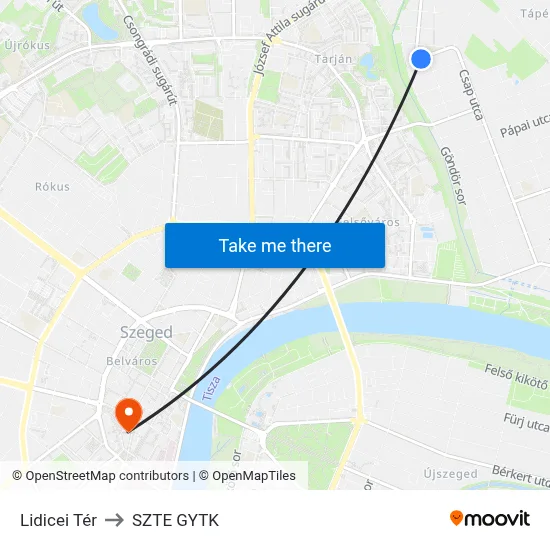 Lidicei Tér to SZTE GYTK map