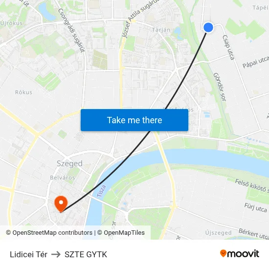 Lidicei Tér to SZTE GYTK map