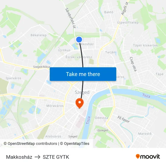 Makkosház to SZTE GYTK map