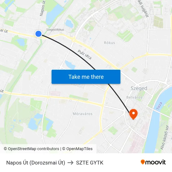 Napos Út (Dorozsmai Út) to SZTE GYTK map