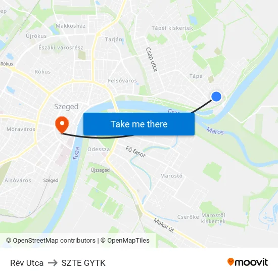 Rév Utca to SZTE GYTK map