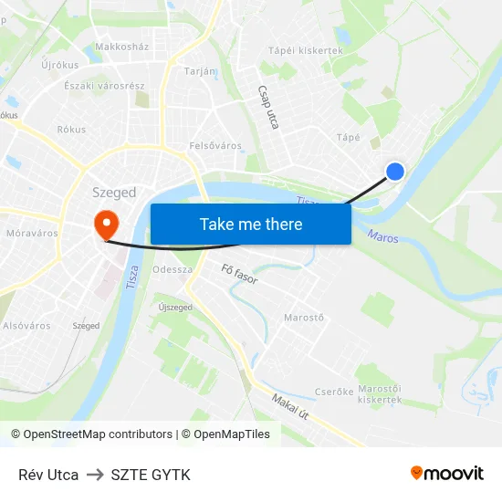 Rév Utca to SZTE GYTK map