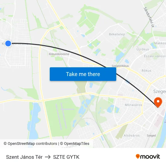 Szent János Tér to SZTE GYTK map