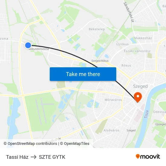 Tassi Ház to SZTE GYTK map