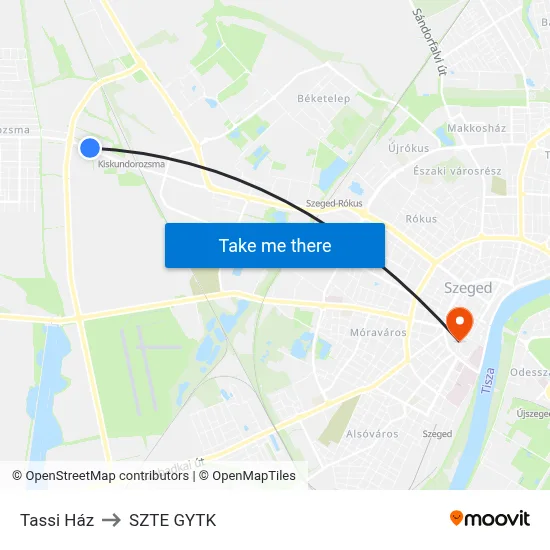 Tassi Ház to SZTE GYTK map