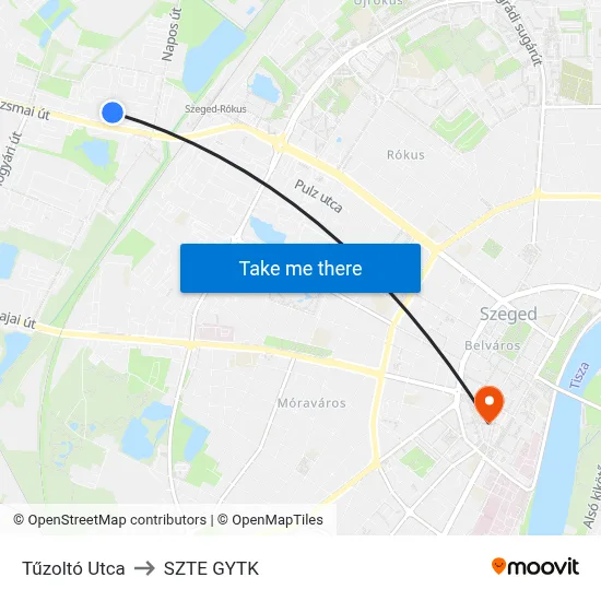 Tűzoltó Utca to SZTE GYTK map