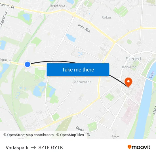 Vadaspark to SZTE GYTK map
