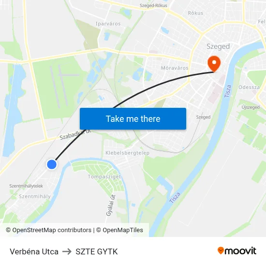 Verbéna Utca to SZTE GYTK map