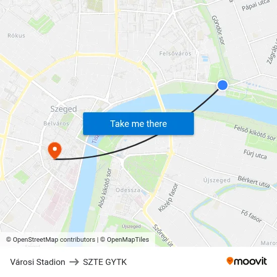 Városi Stadion to SZTE GYTK map