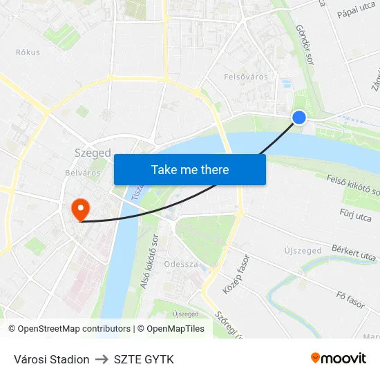 Városi Stadion to SZTE GYTK map