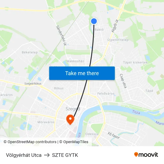 Völgyérhát Utca to SZTE GYTK map