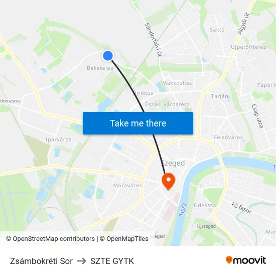 Zsámbokréti Sor to SZTE GYTK map