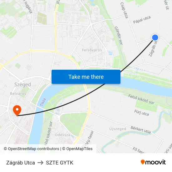 Zágráb Utca to SZTE GYTK map