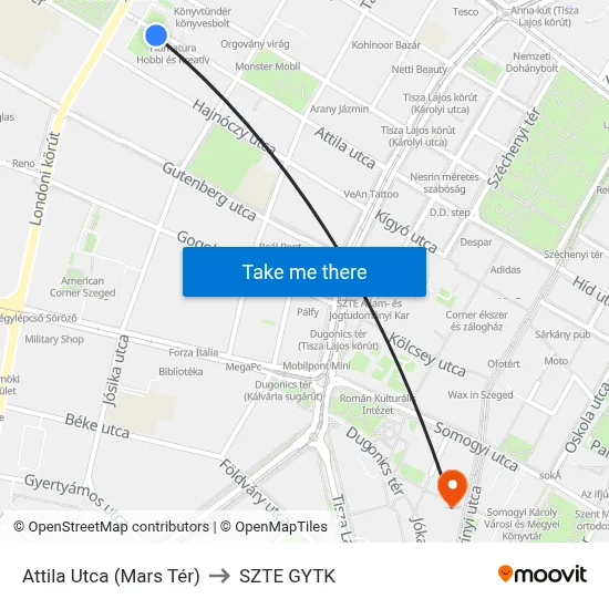 Attila Utca (Mars Tér) to SZTE GYTK map