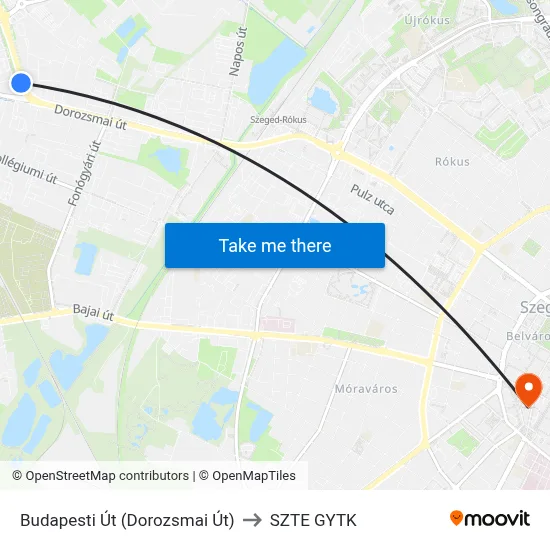 Budapesti Út (Dorozsmai Út) to SZTE GYTK map