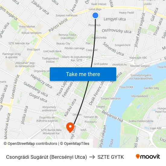 Csongrádi Sugárút (Bercsényi Utca) to SZTE GYTK map