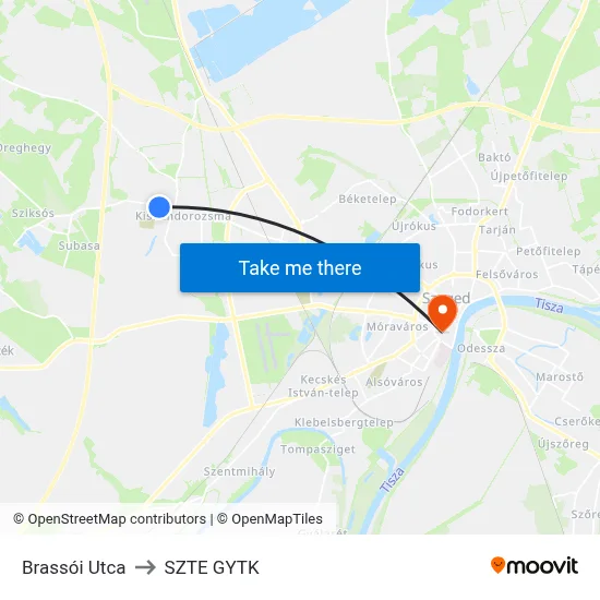 Brassói Utca to SZTE GYTK map