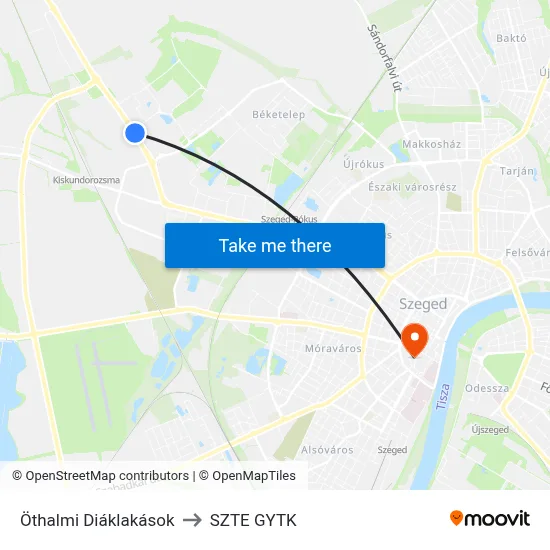 Öthalmi Diáklakások to SZTE GYTK map