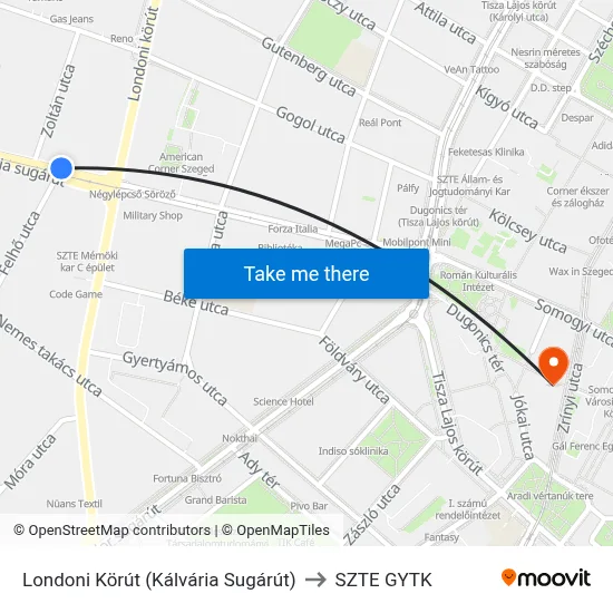 Londoni Körút (Kálvária Sugárút) to SZTE GYTK map
