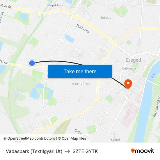 Vadaspark (Textilgyári Út) to SZTE GYTK map