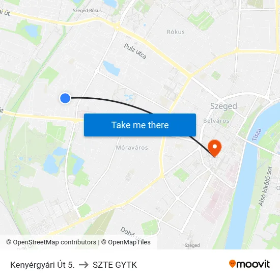 Kenyérgyári Út 5. to SZTE GYTK map