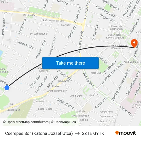 Cserepes Sor (Katona József Utca) to SZTE GYTK map