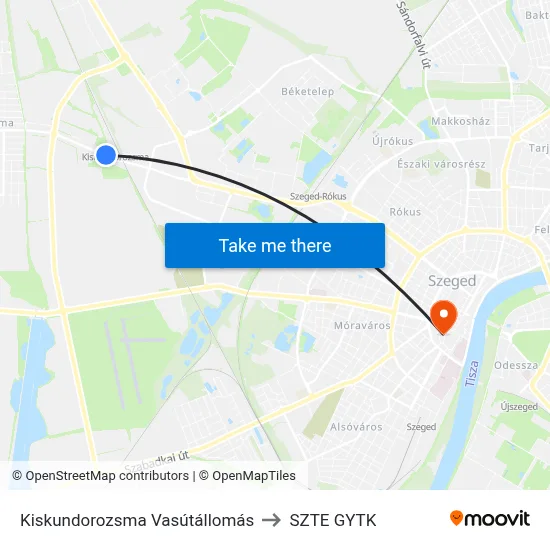 Kiskundorozsma Vasútállomás to SZTE GYTK map