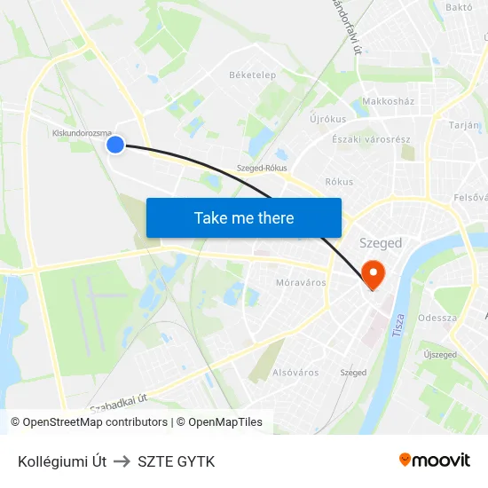 Kollégiumi Út to SZTE GYTK map